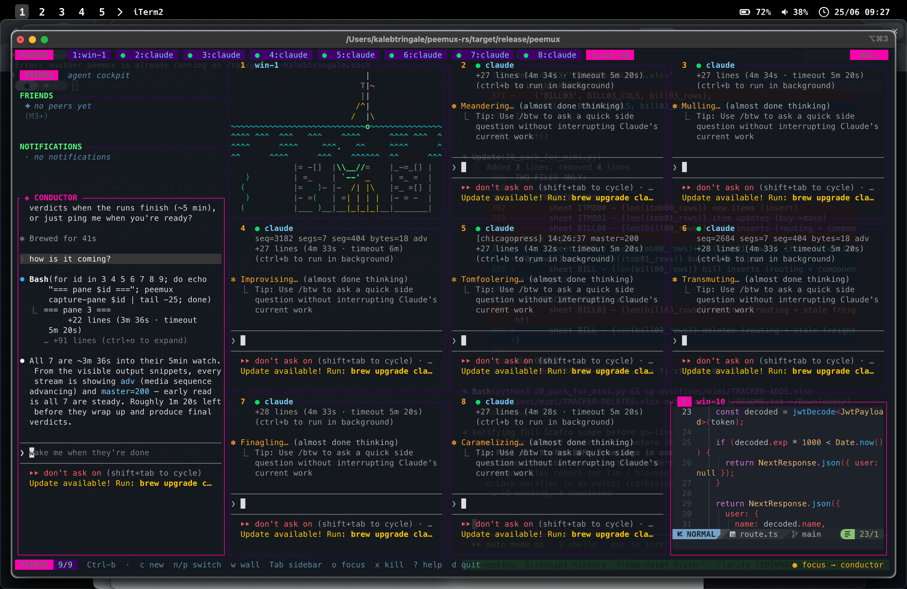 peemux wall view — multiple AI coding agents running concurrently with live status dots